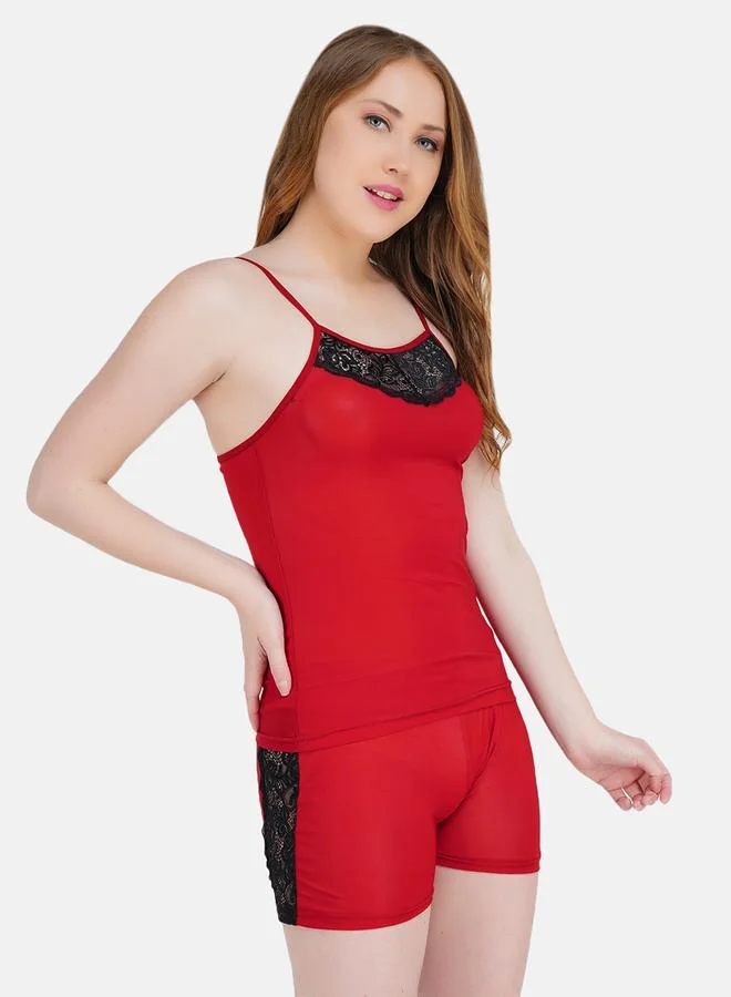 تايك تو طقم كامي وشورت بتفاصيل دانتيل أحمر للنساء